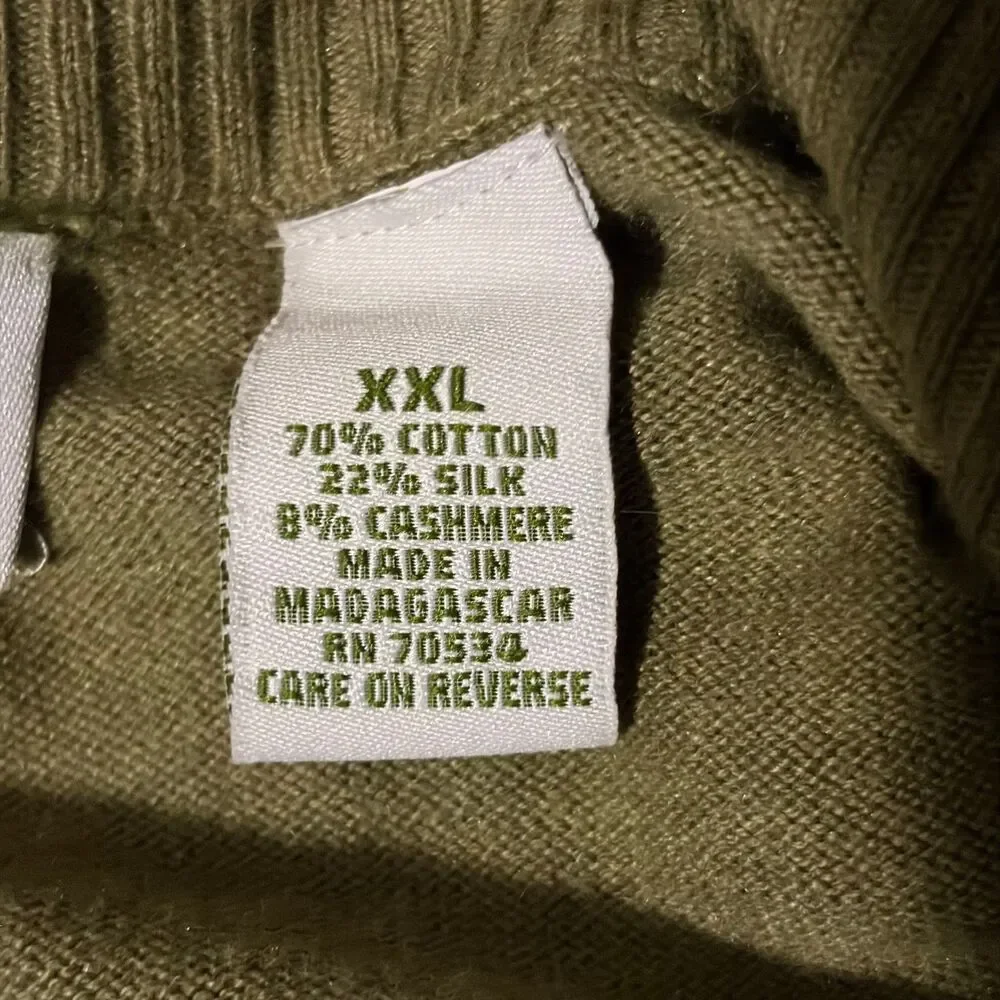 Orvis Quarter Zip Sweater Mens XXL Green Pullover Cotton Silk Cashmere Mock Neck
